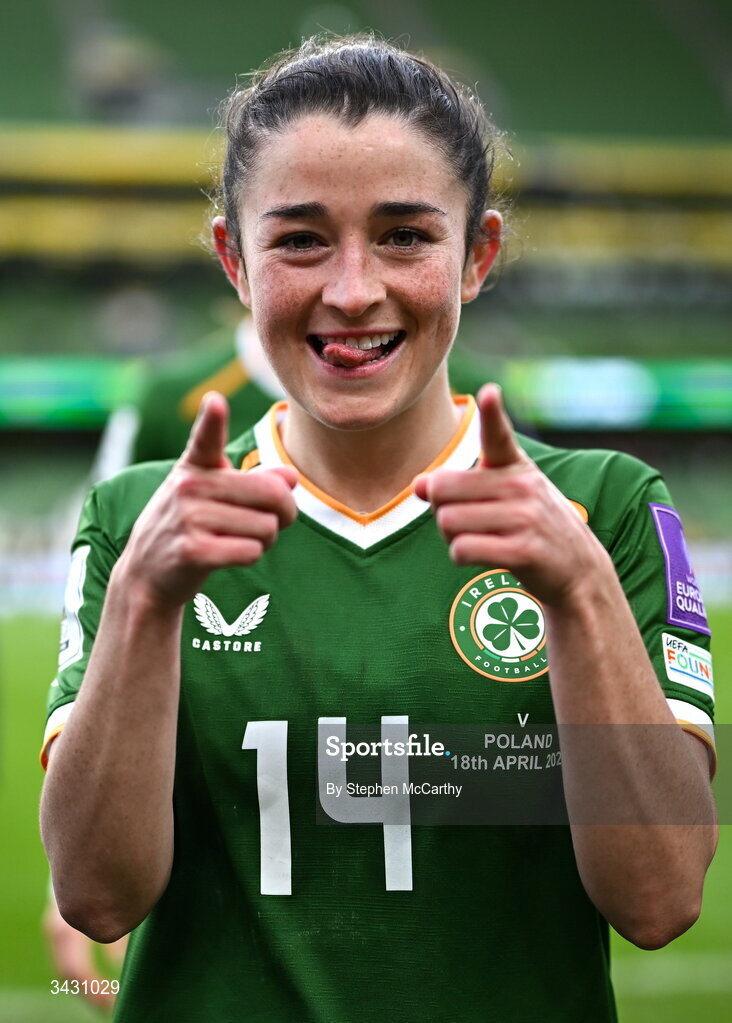 18 April 2026; Marissa Sheva of Republic of Ireland celebrates after the 2027 FIFA Women’s World Cup Qualifier match between Republic of Ireland and Poland at the Aviva Stadium in Dublin. Photo by Stephen McCarthy/Sportsfile