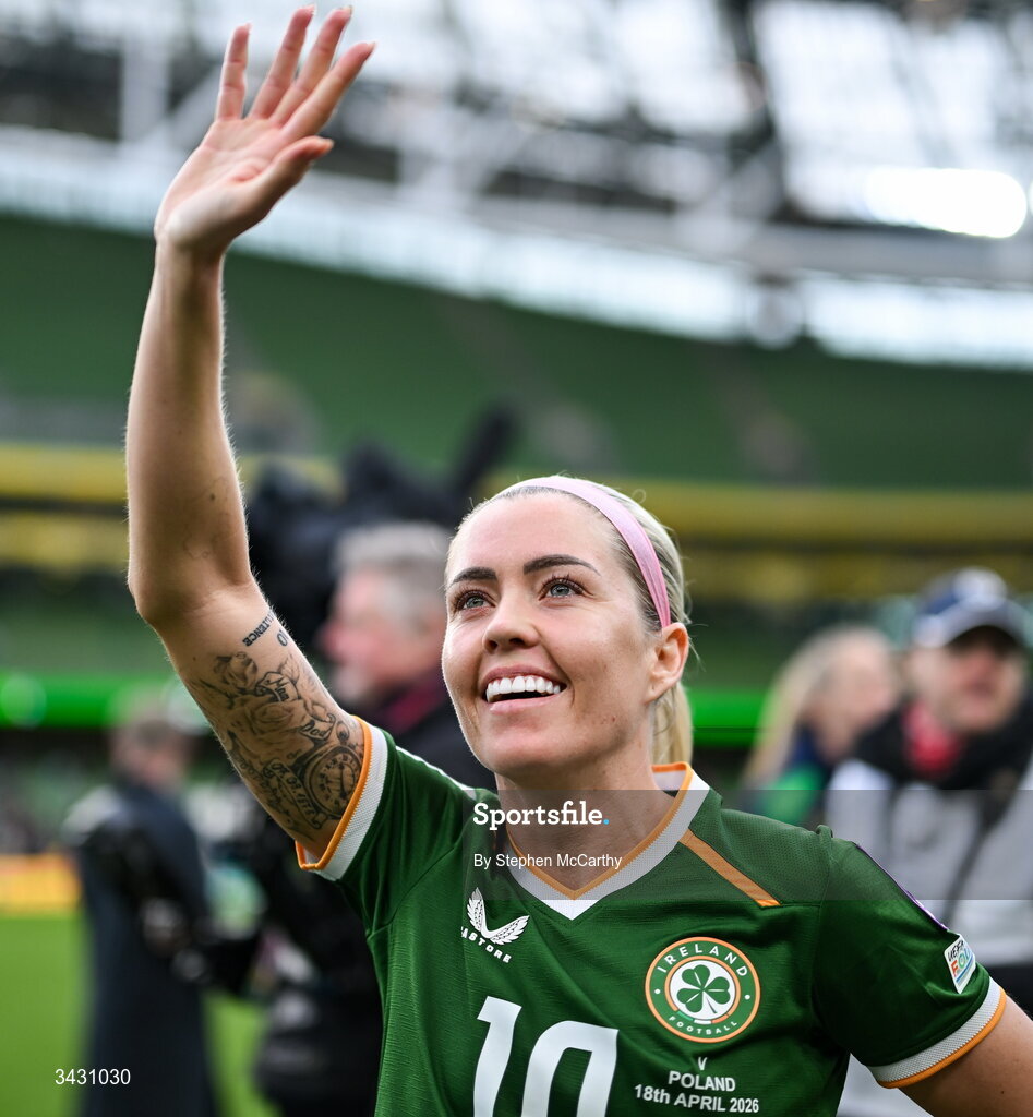 18 April 2026; Denise O'Sullivan of Republic of Ireland celebrates after the 2027 FIFA Women’s World Cup Qualifier match between Republic of Ireland and Poland at the Aviva Stadium in Dublin. Photo by Stephen McCarthy/Sportsfile