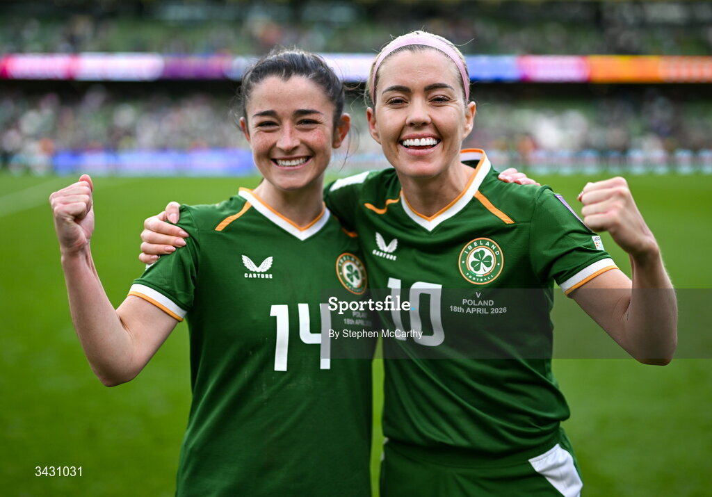 18 April 2026; Denise O'Sullivan, right, and Marissa Sheva of Republic of Ireland celebrate after the 2027 FIFA Women’s World Cup Qualifier match between Republic of Ireland and Poland at the Aviva Stadium in Dublin. Photo by Stephen McCarthy/Sportsfile