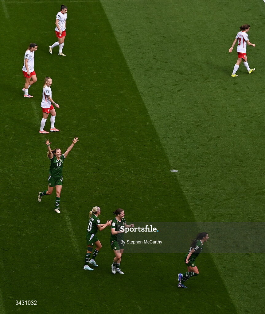 18 April 2026; Marissa Sheva of Republic of Ireland, bottom right, celebrates after scoring her side's first goal the 2027 FIFA Women’s World Cup Qualifier match between Republic of Ireland and Poland at the Aviva Stadium in Dublin. Photo by Stephen McCarthy/Sportsfile