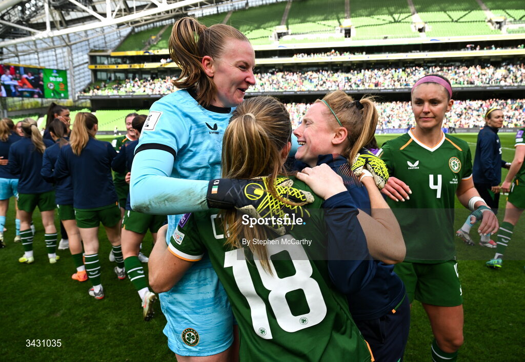 18 April 2026; Republic of Ireland players Courtney Brosnan, Kyra Carusa, Amber Barrett and Caitlin Hayes celebrate after the 2027 FIFA Women’s World Cup Qualifier match between Republic of Ireland and Poland at the Aviva Stadium in Dublin. Photo by Stephen McCarthy/Sportsfile