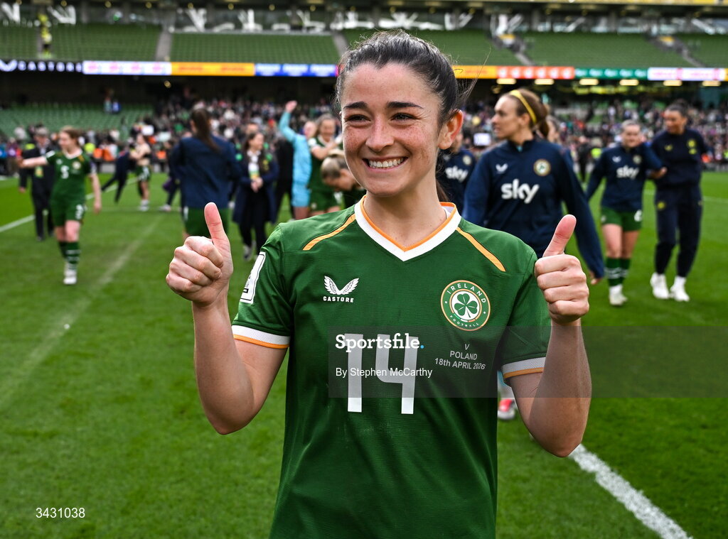 18 April 2026; Marissa Sheva of Republic of Ireland celebrates after the 2027 FIFA Women’s World Cup Qualifier match between Republic of Ireland and Poland at the Aviva Stadium in Dublin. Photo by Stephen McCarthy/Sportsfile
