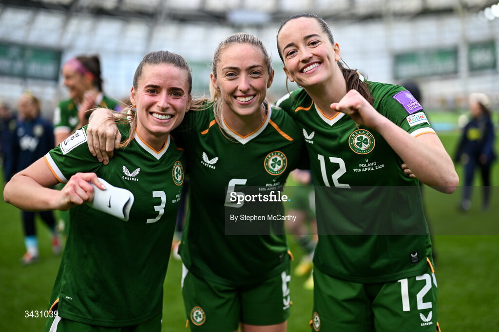 18 April 2026; Republic of Ireland players, from left, Chloe Mustaki, Megan Connolly and Anna Patten celebrate after the 2027 FIFA Women’s World Cup Qualifier match between Republic of Ireland and Poland at the Aviva Stadium in Dublin. Photo by Stephen McCarthy/Sportsfile