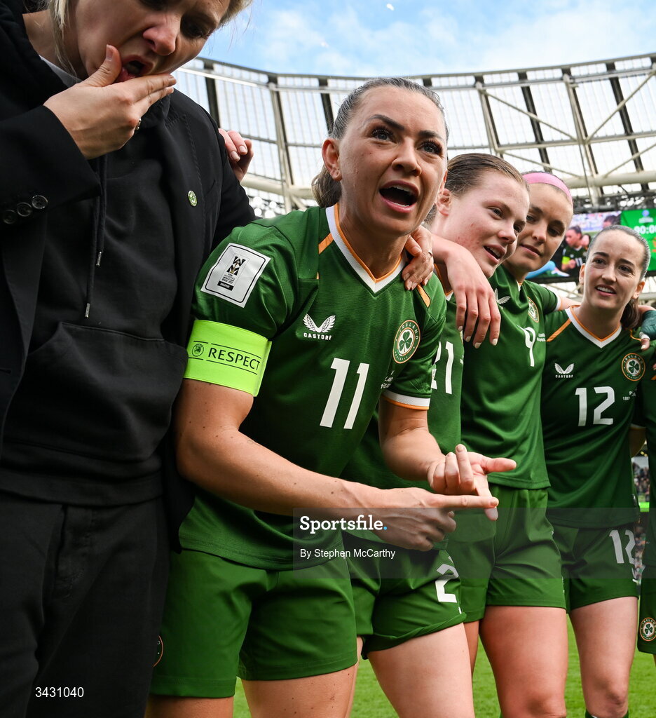 18 April 2026; Katie McCabe of Republic of Ireland with team mates after the 2027 FIFA Women’s World Cup Qualifier match between Republic of Ireland and Poland at the Aviva Stadium in Dublin. Photo by Stephen McCarthy/Sportsfile