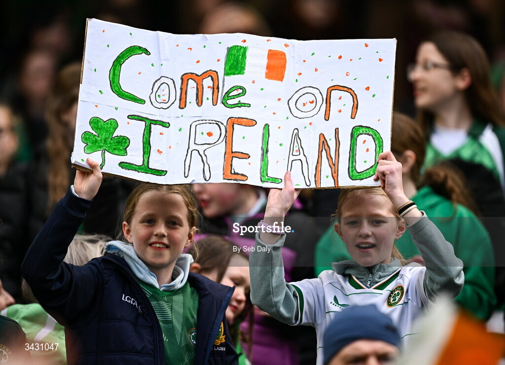 18 April 2026; Republic of Ireland supporters after the 2027 FIFA Women’s World Cup Qualifier match between Republic of Ireland and Poland at the Aviva Stadium in Dublin. Photo by Seb Daly/Sportsfile