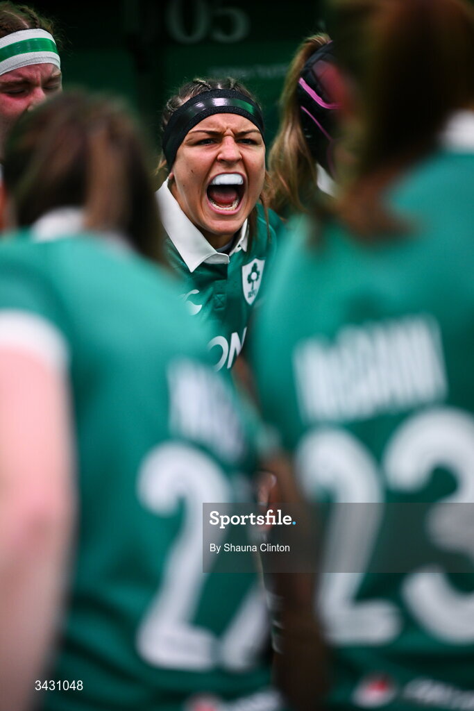 18 April 2026; Erin King of Ireland in team huddle before the Women's Six Nations Rugby Championship match between Ireland and Italy at Dexcom Stadium in Galway. Photo by Shauna Clinton/Sportsfile