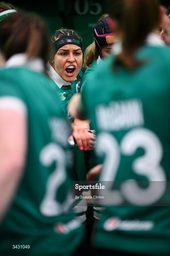 18 April 2026; Erin King of Ireland in team huddle before the Women's Six Nations Rugby Championship match between Ireland and Italy at Dexcom Stadium in Galway. Photo by Shauna Clinton/Sportsfile