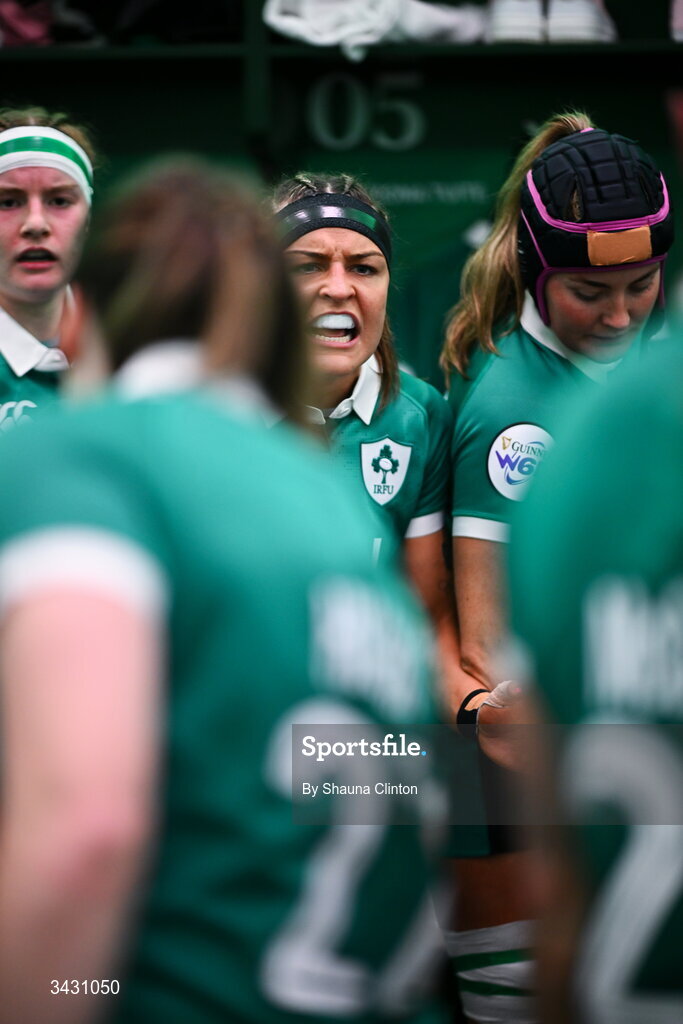 18 April 2026; Erin King of Ireland in team huddle before the Women's Six Nations Rugby Championship match between Ireland and Italy at Dexcom Stadium in Galway. Photo by Shauna Clinton/Sportsfile