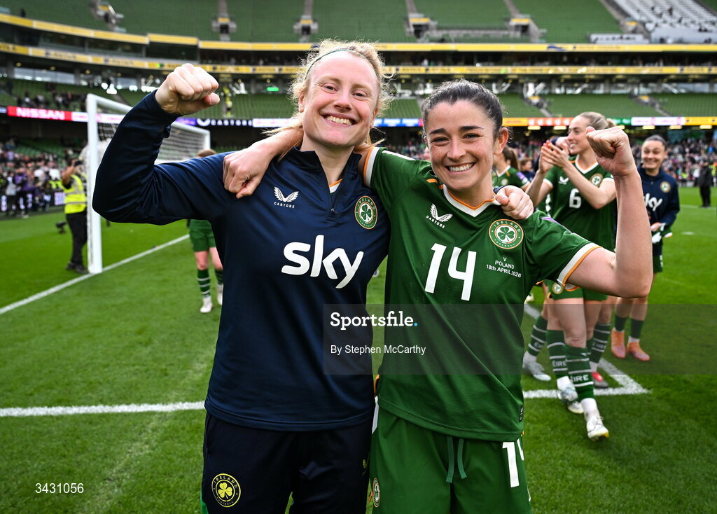 18 April 2026; Amber Barrett, left, and Marissa Sheva of Republic of Ireland celebrate after the 2027 FIFA Women’s World Cup Qualifier match between Republic of Ireland and Poland at the Aviva Stadium in Dublin. Photo by Stephen McCarthy/Sportsfile