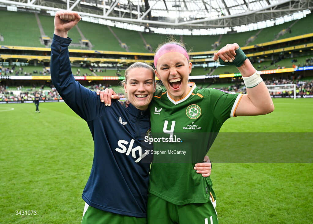 18 April 2026; Saoirse Noonan, left, and Caitlin Hayes of Republic of Ireland celebrate after the 2027 FIFA Women’s World Cup Qualifier match between Republic of Ireland and Poland at the Aviva Stadium in Dublin. Photo by Stephen McCarthy/Sportsfile