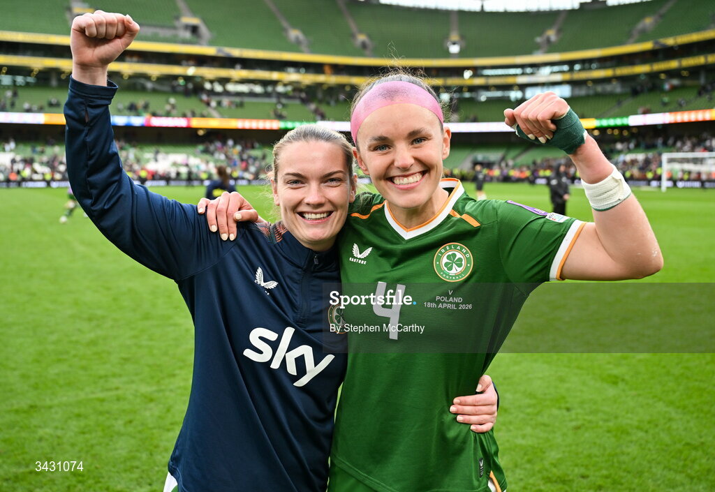 18 April 2026; Saoirse Noonan, left, and Caitlin Hayes of Republic of Ireland celebrate after the 2027 FIFA Women’s World Cup Qualifier match between Republic of Ireland and Poland at the Aviva Stadium in Dublin. Photo by Stephen McCarthy/Sportsfile