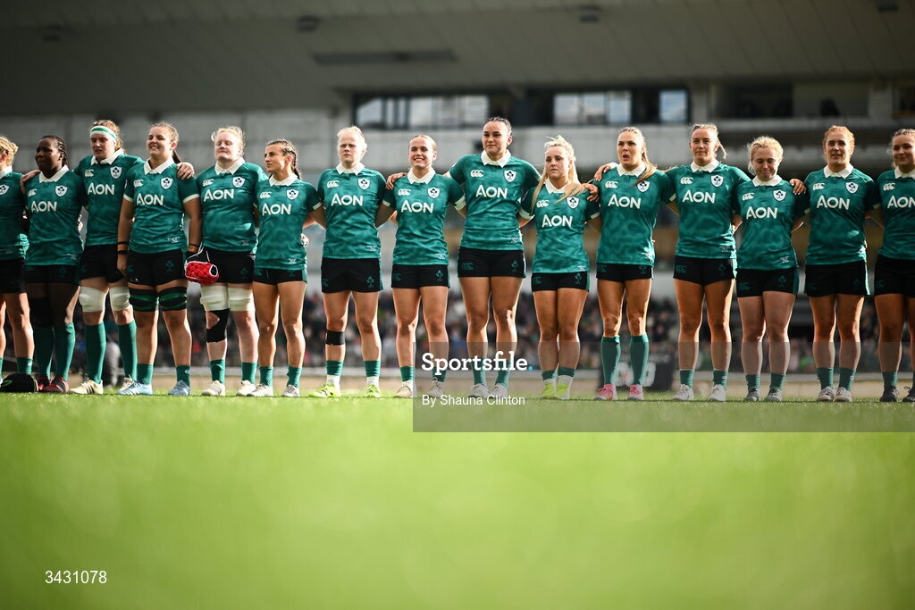18 April 2026; The Ireland players stand for the national anthems before the Women's Six Nations Rugby Championship match between Ireland and Italy at Dexcom Stadium in Galway. Photo by Shauna Clinton/Sportsfile