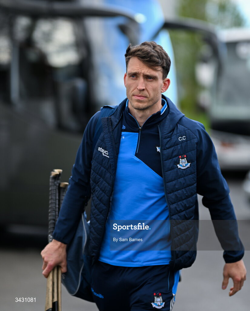 18 April 2026; Chris Crummey of Dublin arrives before the Leinster GAA Senior Hurling Championship Round 1 match between Offaly and Dublin at Glenisk O'Connor Park in Tullamore, Offaly. Photo by Sam Barnes/Sportsfile