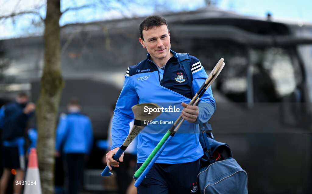 18 April 2026; Liam Rushe of Dublin arrives before the Leinster GAA Senior Hurling Championship Round 1 match between Offaly and Dublin at Glenisk O'Connor Park in Tullamore, Offaly. Photo by Sam Barnes/Sportsfile