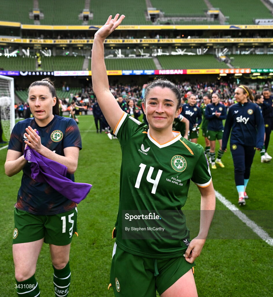 18 April 2026; Marissa Sheva of Republic of Ireland after the 2027 FIFA Women’s World Cup Qualifier match between Republic of Ireland and Poland at the Aviva Stadium in Dublin. Photo by Stephen McCarthy/Sportsfile