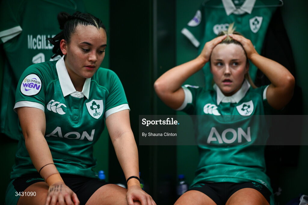 18 April 2026; Nancy McGillivray, left, and Aoife Dalton of Ireland in the dressing room before the Women's Six Nations Rugby Championship match between Ireland and Italy at Dexcom Stadium in Galway. Photo by Shauna Clinton/Sportsfile