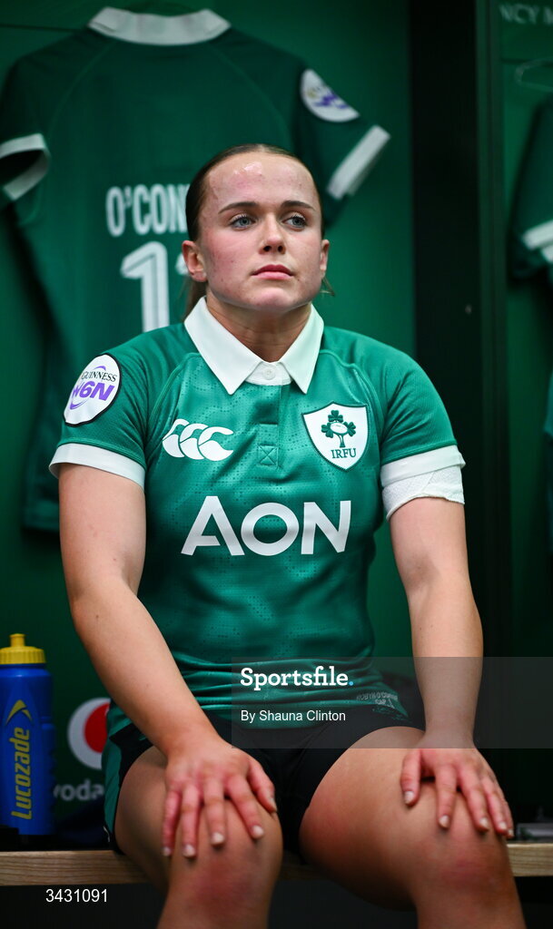18 April 2026; Robyn O'Connor of Ireland in the dressing room before the Women's Six Nations Rugby Championship match between Ireland and Italy at Dexcom Stadium in Galway. Photo by Shauna Clinton/Sportsfile
