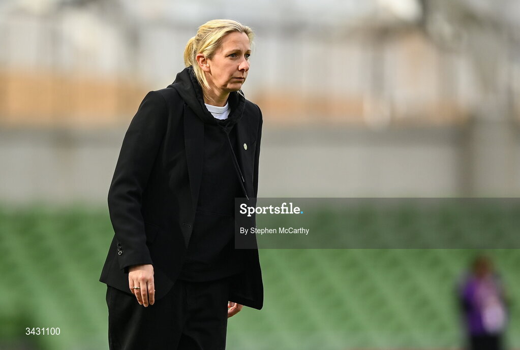 18 April 2026; Republic of Ireland head coach Carla Ward during the 2027 FIFA Women’s World Cup Qualifier match between Republic of Ireland and Poland at the Aviva Stadium in Dublin. Photo by Stephen McCarthy/Sportsfile