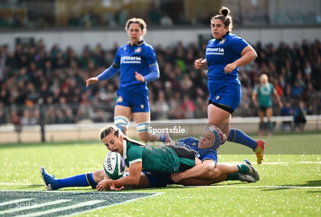 18 April 2026; Emily Lane of Ireland scores her side's first try during the Women's Six Nations Rugby Championship match between Ireland and Italy at Dexcom Stadium in Galway. Photo by Shauna Clinton/Sportsfile