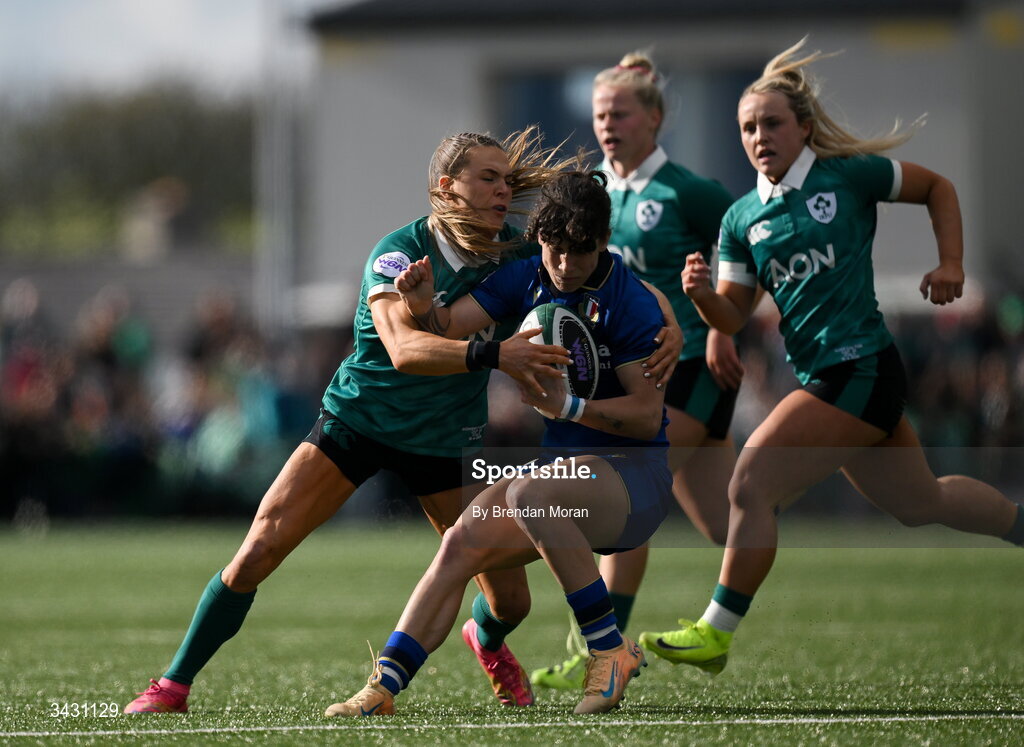 18 April 2026; Aura Muzzo of Italy is tackled by Béibhinn Parsons of Ireland during the Women's Six Nations Rugby Championship match between Ireland and Italy at Dexcom Stadium in Galway. Photo by Brendan Moran/Sportsfile