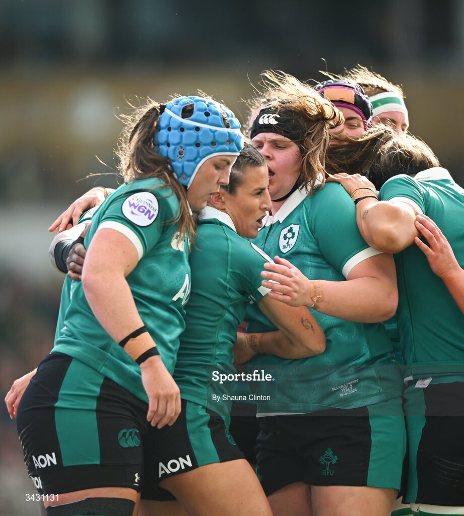 18 April 2026; Emily Lane of Ireland, centre, celebrates with team-mates after scoring her side's first try during the Women's Six Nations Rugby Championship match between Ireland and Italy at Dexcom Stadium in Galway. Photo by Shauna Clinton/Sportsfile