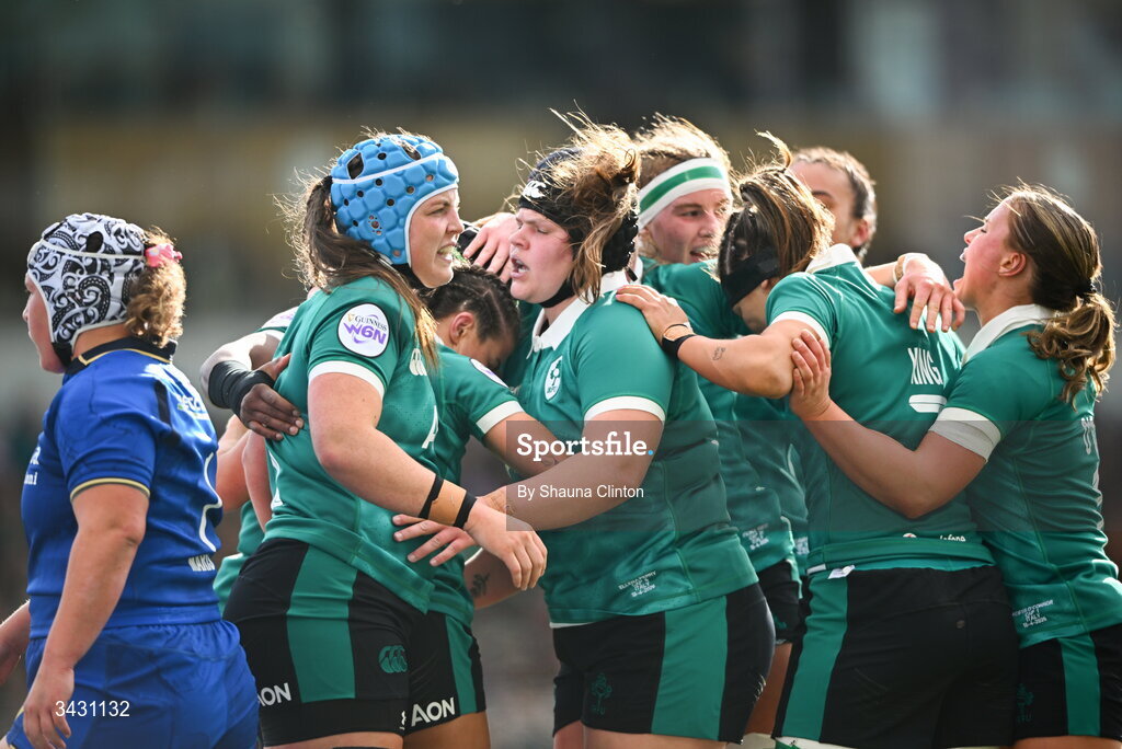 18 April 2026; Emily Lane of Ireland, centre, hidden, celebrates with team-mates after scoring her side's first try during the Women's Six Nations Rugby Championship match between Ireland and Italy at Dexcom Stadium in Galway. Photo by Shauna Clinton/Sportsfile