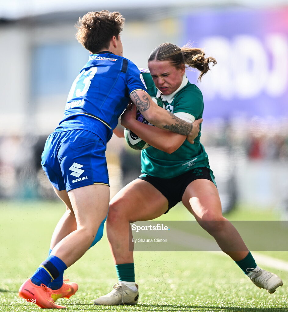 18 April 2026; Robyn O'Connor of Ireland is tackled by Alyssa D'Inca of Italy during the Women's Six Nations Rugby Championship match between Ireland and Italy at Dexcom Stadium in Galway. Photo by Shauna Clinton/Sportsfile