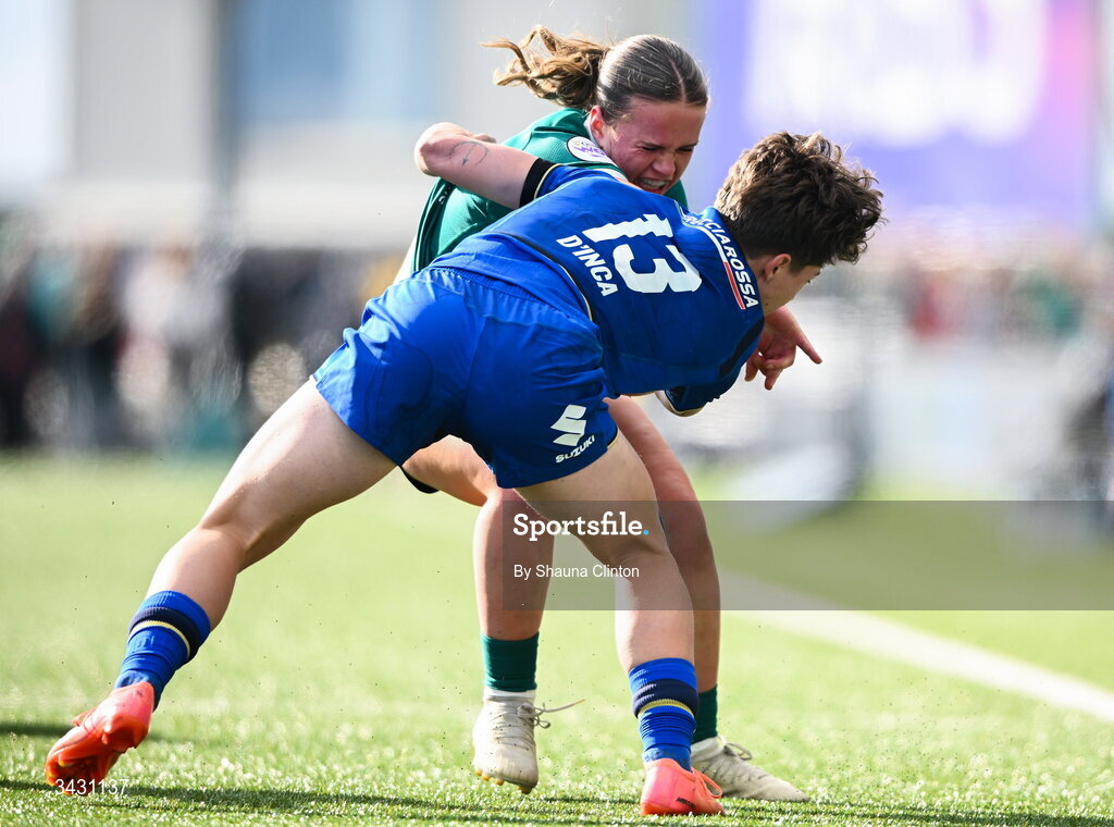 18 April 2026; Robyn O'Connor of Ireland is tackled by Alyssa D'Inca of Italy during the Women's Six Nations Rugby Championship match between Ireland and Italy at Dexcom Stadium in Galway. Photo by Shauna Clinton/Sportsfile