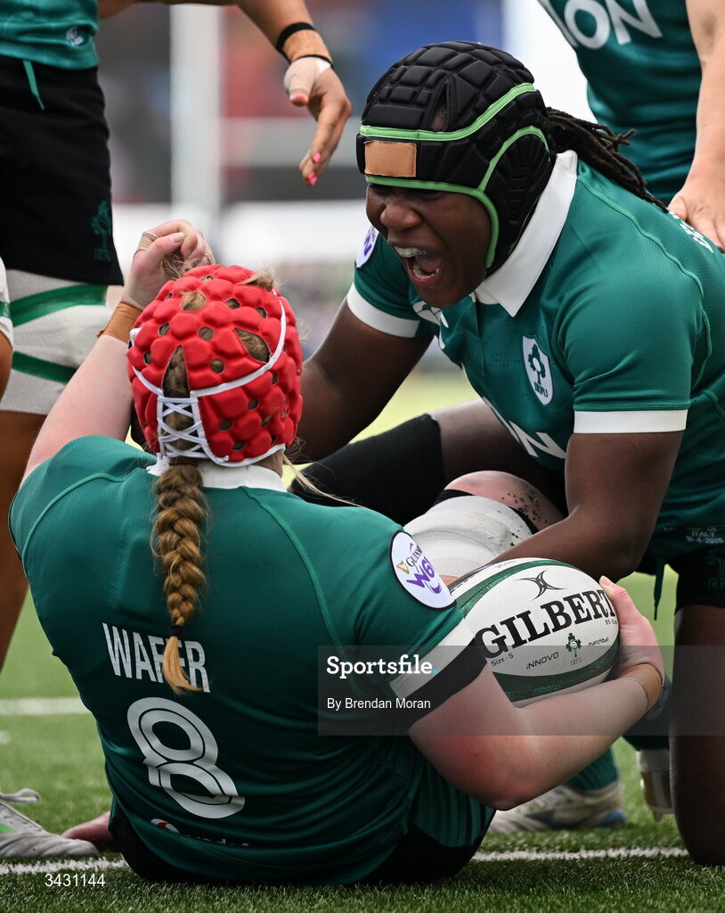 18 April 2026; Aoife Wafer of Ireland celebrates with teammate Linda Djougang after scoring their side's second try during the Women's Six Nations Rugby Championship match between Ireland and Italy at Dexcom Stadium in Galway. Photo by Brendan Moran/Sportsfile