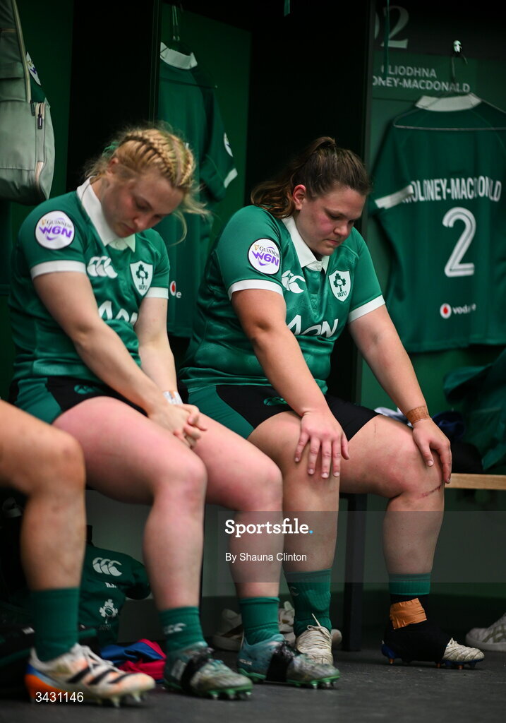 18 April 2026; Ellena Perry and Neve Jones of Ireland in the dressing room before the Women's Six Nations Rugby Championship match between Ireland and Italy at Dexcom Stadium in Galway. Photo by Shauna Clinton/Sportsfile