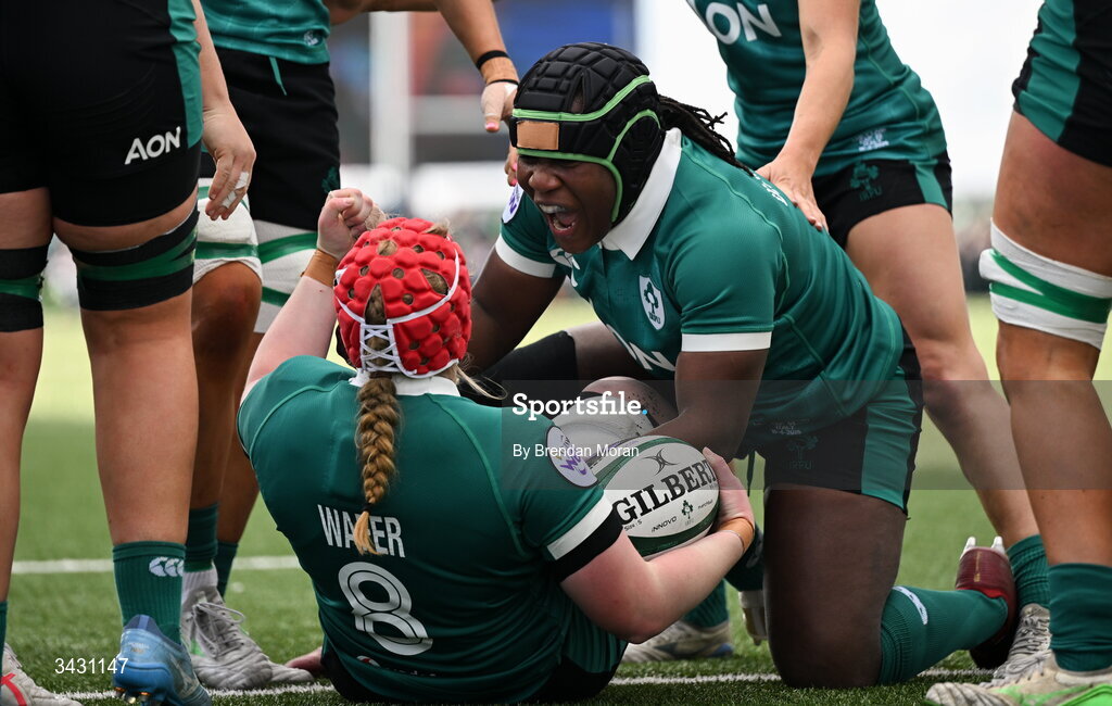 18 April 2026; Aoife Wafer of Ireland celebrates with teammate Linda Djougang after scoring their side's second try during the Women's Six Nations Rugby Championship match between Ireland and Italy at Dexcom Stadium in Galway. Photo by Brendan Moran/Sportsfile