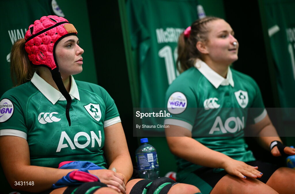 18 April 2026; Dorothy Wall and Sadhbh McGrath of Ireland in the dressing room before the Women's Six Nations Rugby Championship match between Ireland and Italy at Dexcom Stadium in Galway. Photo by Shauna Clinton/Sportsfile