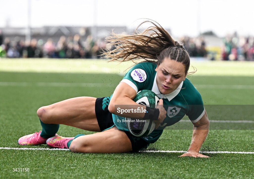 18 April 2026; Béibhinn Parsons of Ireland scores her side's third try during the Women's Six Nations Rugby Championship match between Ireland and Italy at Dexcom Stadium in Galway. Photo by Brendan Moran/Sportsfile