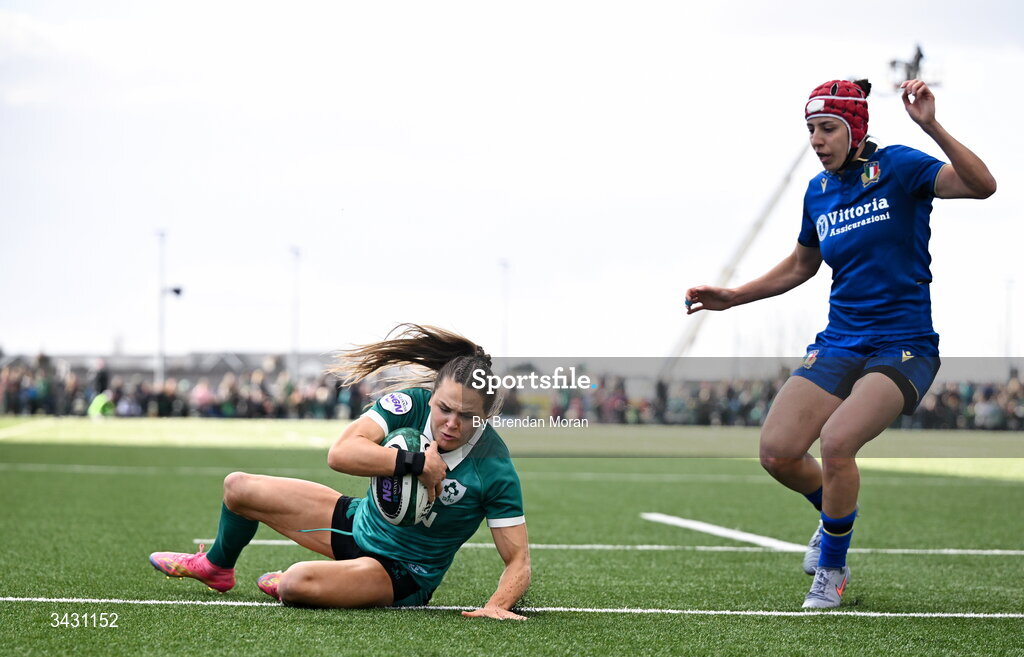 18 April 2026; Béibhinn Parsons of Ireland scores her side's third try during the Women's Six Nations Rugby Championship match between Ireland and Italy at Dexcom Stadium in Galway. Photo by Brendan Moran/Sportsfile