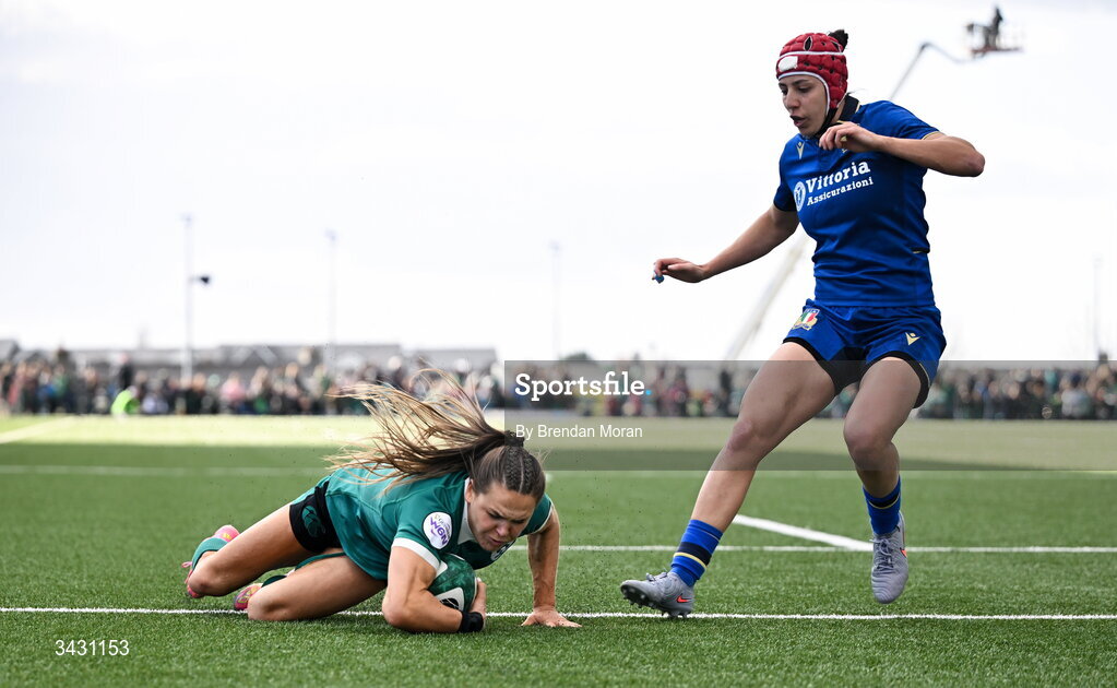 18 April 2026; Béibhinn Parsons of Ireland scores her side's third try during the Women's Six Nations Rugby Championship match between Ireland and Italy at Dexcom Stadium in Galway. Photo by Brendan Moran/Sportsfile