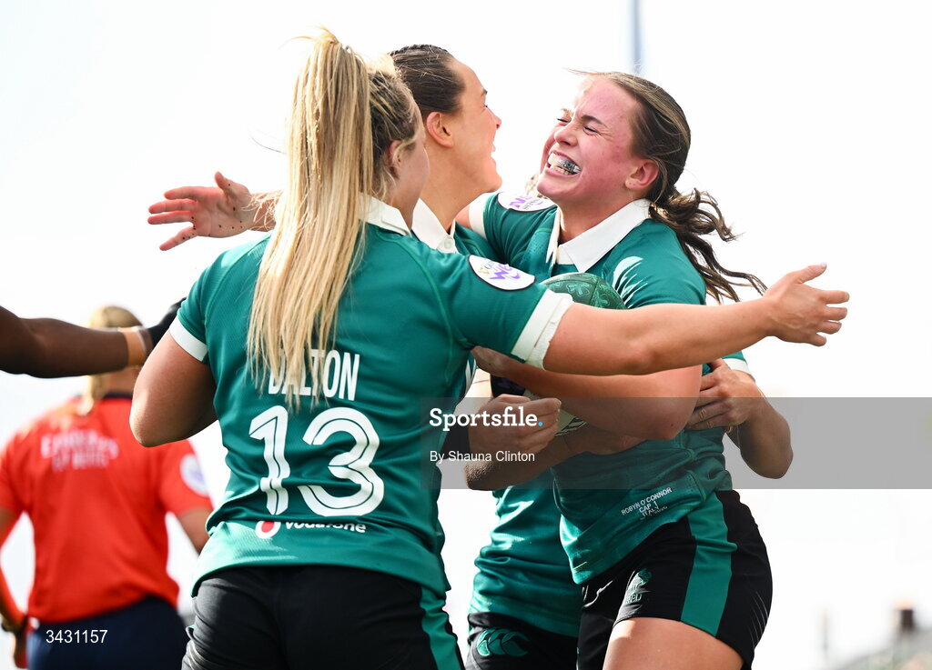 18 April 2026; Robyn O'Connor of Ireland, right, celebrates with teammate after scoring their side's fourth try during the Women's Six Nations Rugby Championship match between Ireland and Italy at Dexcom Stadium in Galway. Photo by Shauna Clinton/Sportsfile
