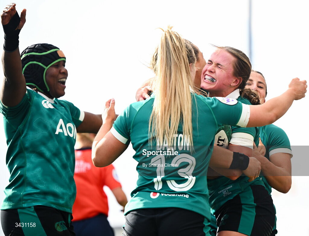 18 April 2026; Robyn O'Connor of Ireland, right, celebrates with teammate after scoring their side's fourth try during the Women's Six Nations Rugby Championship match between Ireland and Italy at Dexcom Stadium in Galway. Photo by Shauna Clinton/Sportsfile