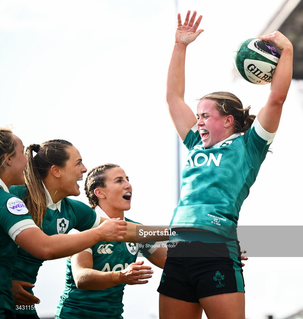 18 April 2026; Robyn O'Connor of Ireland, right, celebrates with teammate after scoring their side's fourth try during the Women's Six Nations Rugby Championship match between Ireland and Italy at Dexcom Stadium in Galway. Photo by Shauna Clinton/Sportsfile