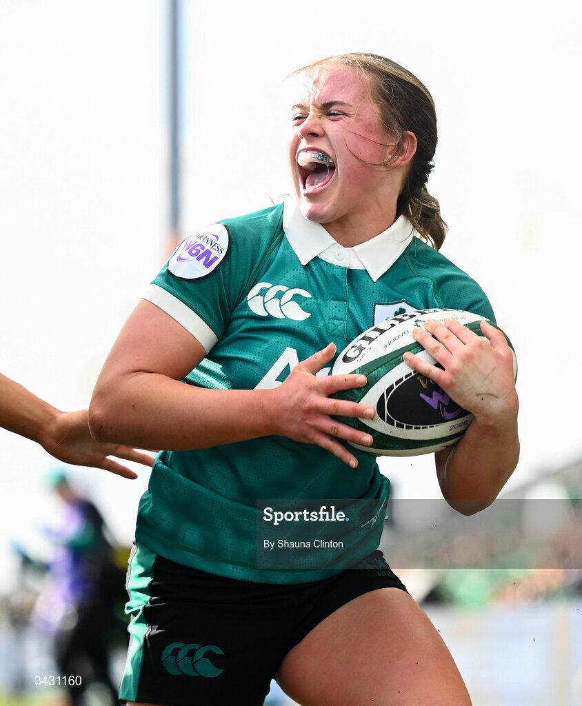 18 April 2026; Robyn O'Connor of Ireland celebrates after scoring her side's fourth try during the Women's Six Nations Rugby Championship match between Ireland and Italy at Dexcom Stadium in Galway. Photo by Shauna Clinton/Sportsfile