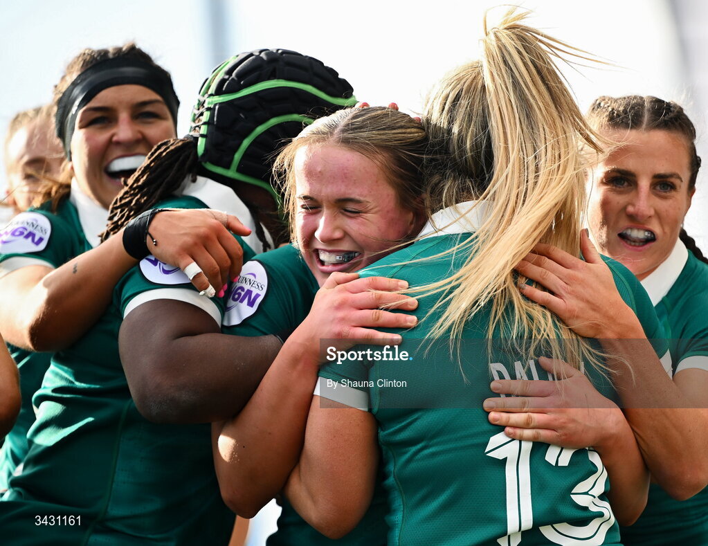 18 April 2026; Robyn O'Connor of Ireland, centre, celebrates with teammate after scoring their side's fourth try during the Women's Six Nations Rugby Championship match between Ireland and Italy at Dexcom Stadium in Galway. Photo by Shauna Clinton/Sportsfile