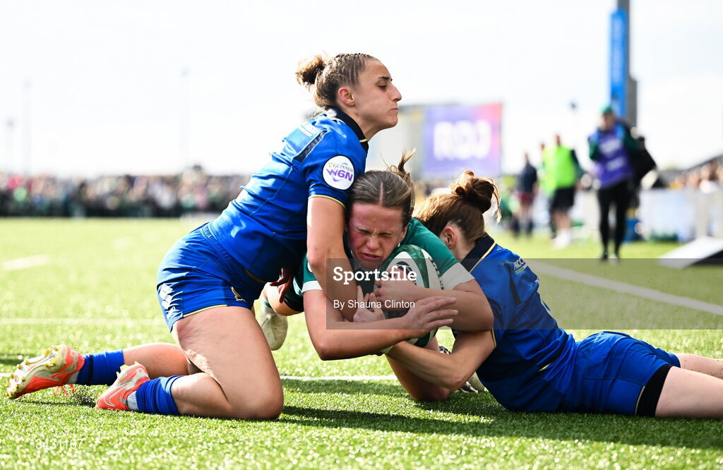 18 April 2026; Robyn O'Connor of Ireland scores her side's fourth try despite the efforts of Sara Mannini, left, and Gaia Buso of Italy during the Women's Six Nations Rugby Championship match between Ireland and Italy at Dexcom Stadium in Galway. Photo by Shauna Clinton/Sportsfile