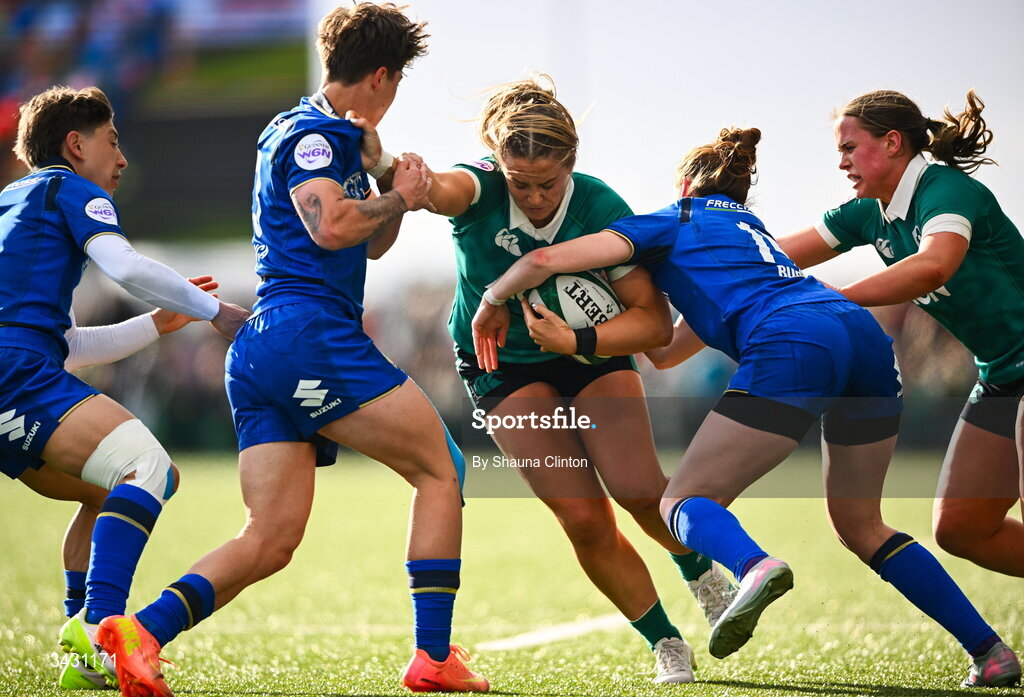 18 April 2026; Stacey Flood of Ireland is tackled by Alyssa D'Inca of Italy during the Women's Six Nations Rugby Championship match between Ireland and Italy at Dexcom Stadium in Galway. Photo by Shauna Clinton/Sportsfile