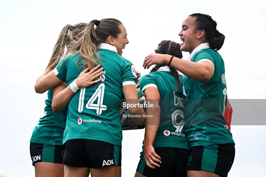 18 April 2026; Béibhinn Parsons of Ireland, 14, celebrates with teammates after scoring their side's third try during the Women's Six Nations Rugby Championship match between Ireland and Italy at Dexcom Stadium in Galway. Photo by Brendan Moran/Sportsfile
