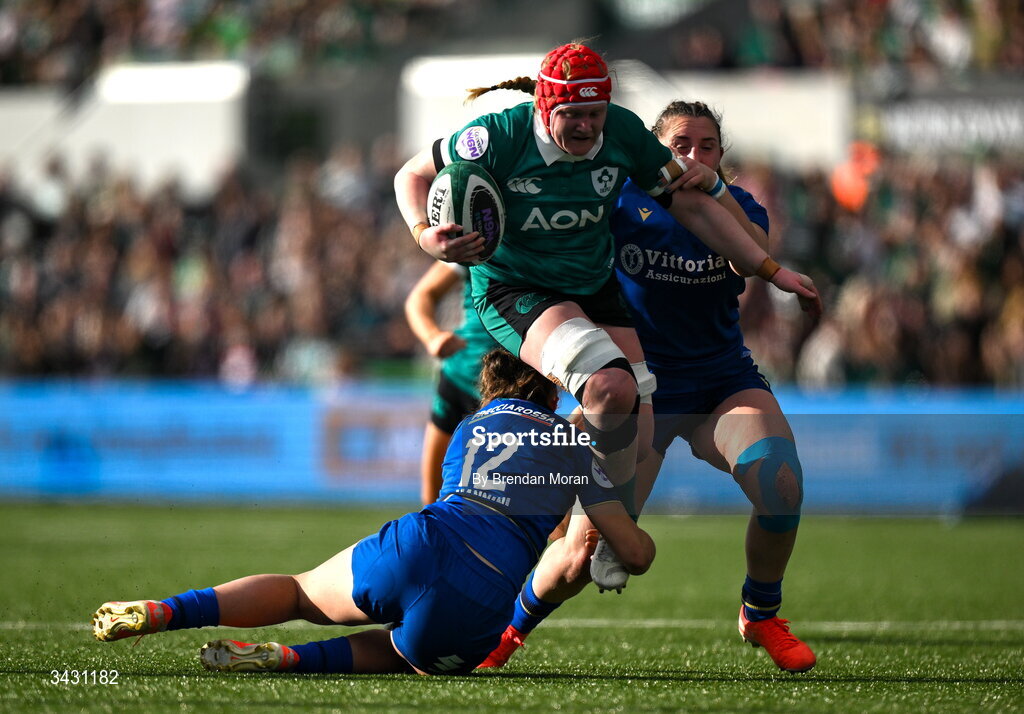 18 April 2026; Aoife Wafer of Ireland is tackled by Sara Mannini of Italy during the Women's Six Nations Rugby Championship match between Ireland and Italy at Dexcom Stadium in Galway. Photo by Brendan Moran/Sportsfile