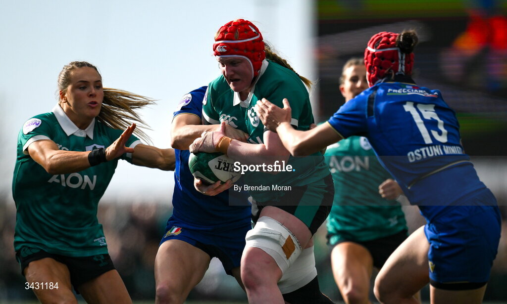 18 April 2026; Aoife Wafer of Ireland is tackled by Sofia Stefan of Italy during the Women's Six Nations Rugby Championship match between Ireland and Italy at Dexcom Stadium in Galway. Photo by Brendan Moran/Sportsfile