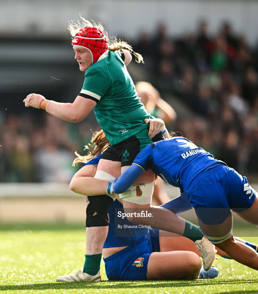 18 April 2026; Aoife Wafer of Ireland is tackled by Alessia Pilani, left, and Alissa Ranuccini of Italy during the Women's Six Nations Rugby Championship match between Ireland and Italy at Dexcom Stadium in Galway. Photo by Shauna Clinton/Sportsfile