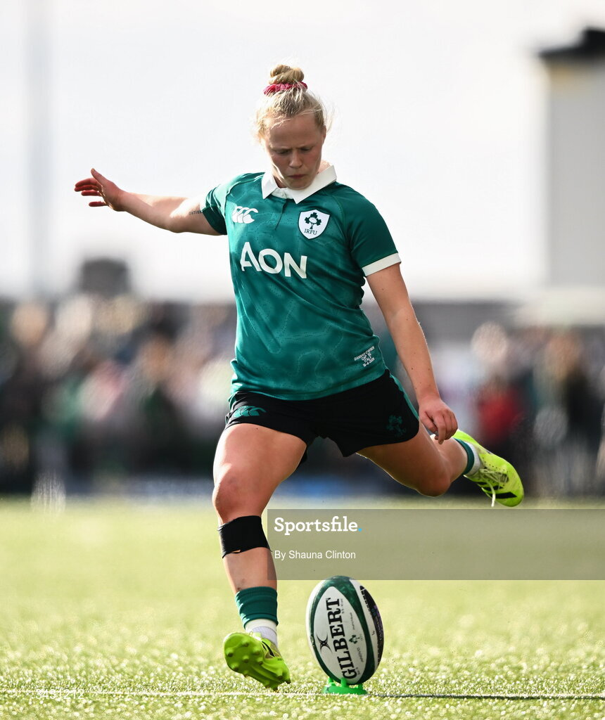 18 April 2026; Dannah O'Brien of Ireland kicks a conversion during the Women's Six Nations Rugby Championship match between Ireland and Italy at Dexcom Stadium in Galway. Photo by Shauna Clinton/Sportsfile