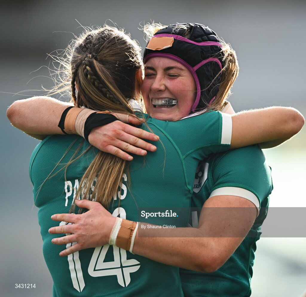 18 April 2026; Béibhinn Parsons Ireland celebrates with teammate Fiona Tuite after scoring their side's fifth try during the Women's Six Nations Rugby Championship match between Ireland and Italy at Dexcom Stadium in Galway. Photo by Shauna Clinton/Sportsfile