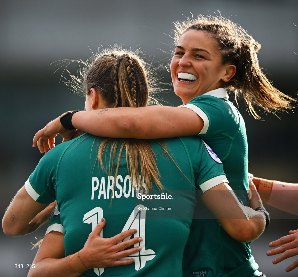 18 April 2026; Béibhinn Parsons Ireland celebrates with teammates after scoring their side's fifth try during the Women's Six Nations Rugby Championship match between Ireland and Italy at Dexcom Stadium in Galway. Photo by Shauna Clinton/Sportsfile