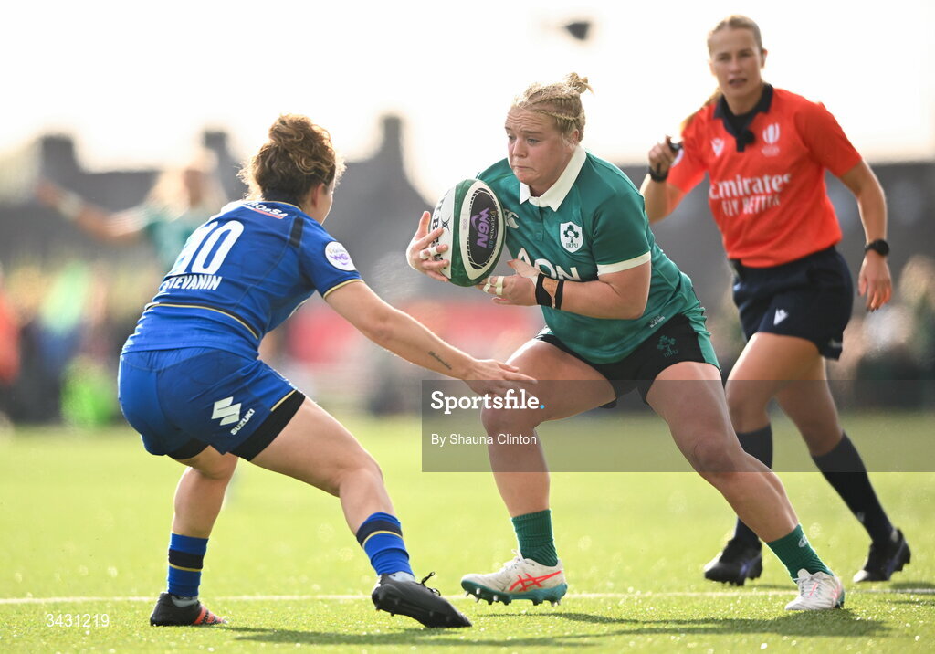 18 April 2026; Cliodhna Moloney MacDonald of Ireland in action against Emma Stevanin of Italy during the Women's Six Nations Rugby Championship match between Ireland and Italy at Dexcom Stadium in Galway. Photo by Shauna Clinton/Sportsfile